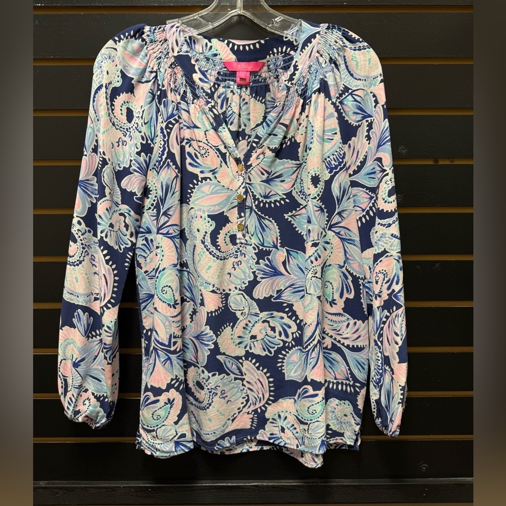 Lilly Pulitzer Silk Smocked Floral Blouse Size S